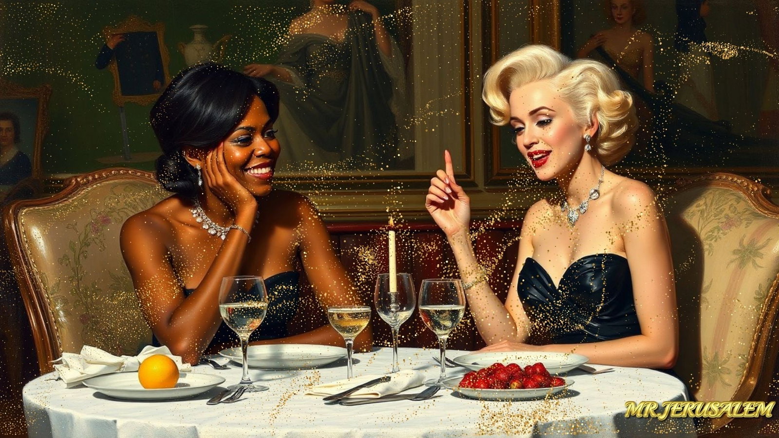 Michelle Obama - Dinner With Marilyn Monroe-D2, Limited Edition of 50 Pieces, Signed & Numbered: Please note the images you see here for the artworks is protected with artist name in gold & gold glitter watermark. The original artworks will be unique and one-of-a-kind, hand painted with glue