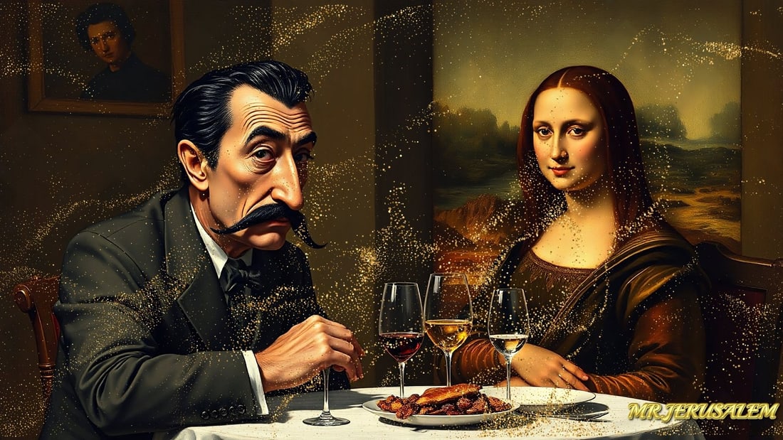 Salvador Dali - Dinner With Mona Lisa-D1, Limited Edition of 50 Pieces, Signed & Numbered: Please note the images you see here for the artworks is protected with artist name in gold & gold glitter watermark. The original artworks will be unique and one-of-a-kind, hand painted with glue