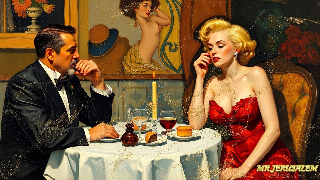 Gustav Klimt - Dinner With Marilyn Monroe-D1, Limited Edition of 50 Pieces, Signed & Numbered: Please note the images you see here for the artworks is protected with artist name in gold & gold glitter watermark. The original artworks will be unique and one-of-a-kind, hand painted with glue