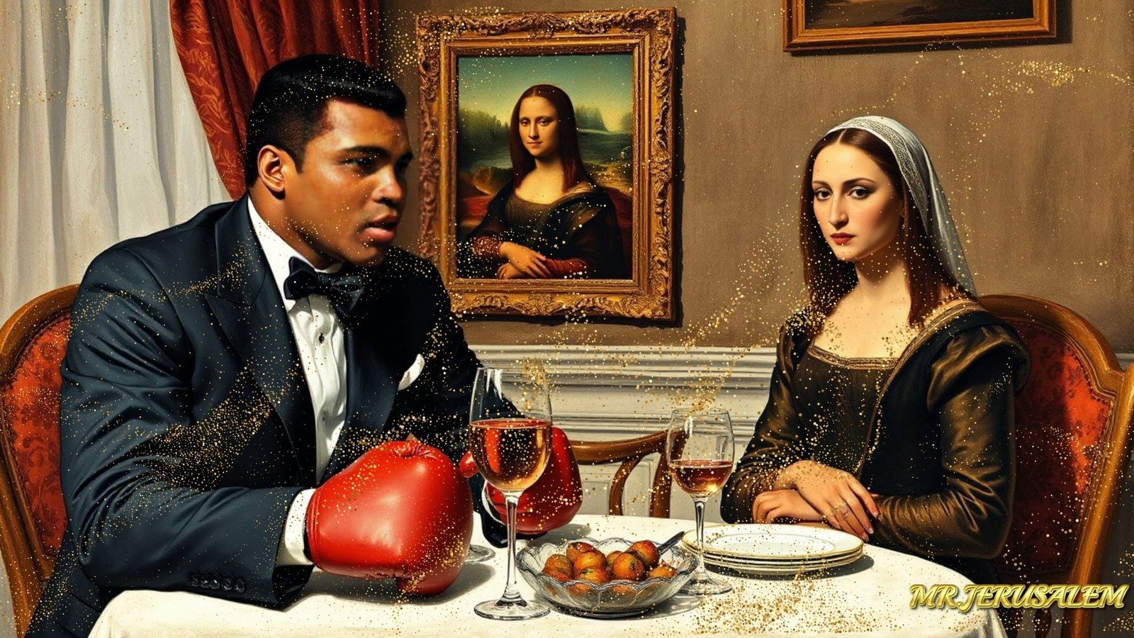 Muhammad Ali - Dinner With Mona Lisa-D1, Limited Edition of 50 Pieces, Signed & Numbered: Please note the images you see here for the artworks is protected with artist name in gold & gold glitter watermark. The original artworks will be unique and one-of-a-kind, hand painted with glue