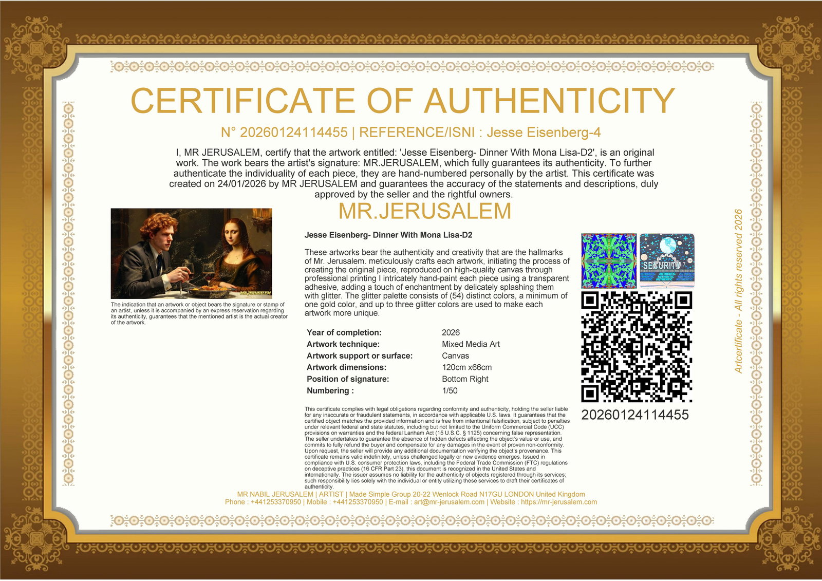 Jesse Eisenberg - Dinner With Mona Lisa-D2, Limited Edition of 50 Pieces Signed & Numbered - 3