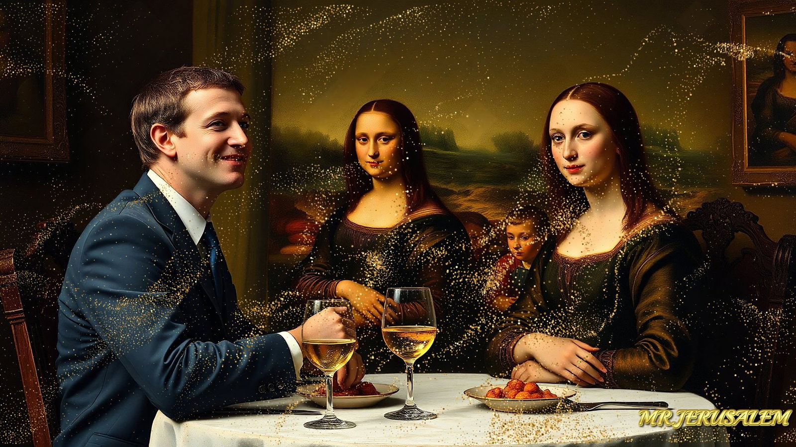 Mark Zuckerberg - Dinner With Mona Lisa-D2, Limited Edition of 50 Pieces, Signed & Numbered: Please note the images you see here for the artworks is protected with artist name in gold & gold glitter watermark. The original artworks will be unique and one-of-a-kind, hand painted with glue