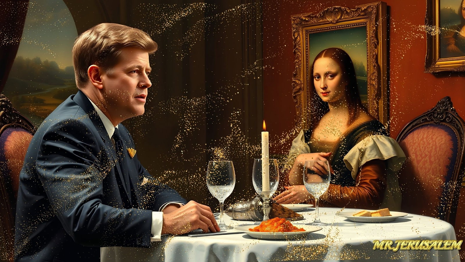 John F. Kennedy - Dinner With Mona Lisa-D2, Limited Edition of 50 Pieces, Signed & Numbered: Please note the images you see here for the artworks is protected with artist name in gold & gold glitter watermark. The original artworks will be unique and one-of-a-kind, hand painted with glue