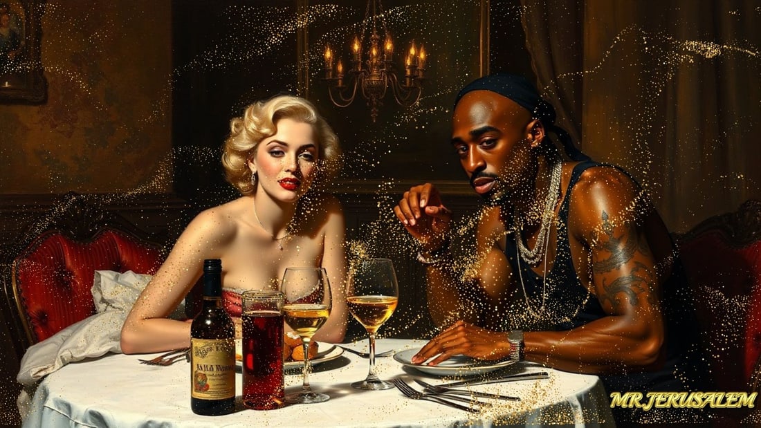 Tupac - Dinner With Marliyn Monroe-D2, Limited Edition of 50 Pieces, Signed & Numbered: Please note the images you see here for the artworks is protected with artist name in gold & gold glitter watermark. The original artworks will be unique and one-of-a-kind, hand painted with glue 