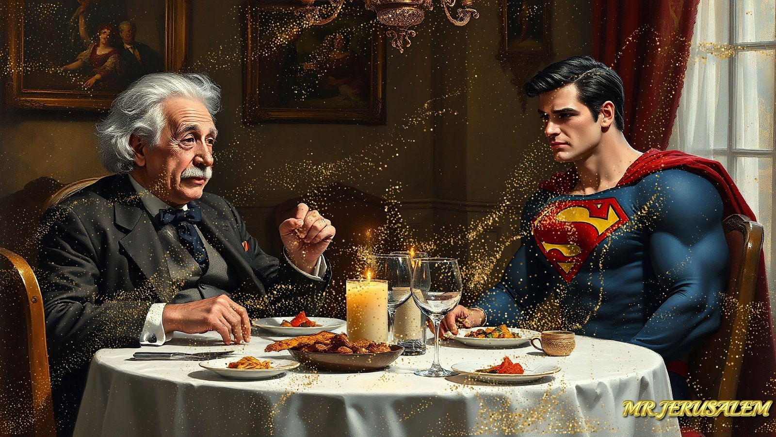 Albert Einstein Dinner With Superman-D2, Canvas Mixed Media, Limited Edition of 50 Pieces: Please note the images you see here for the artworks is protected with artist name in gold & gold glitter watermark. The original artworks will be unique and one-of-a-kind, hand painted with glue