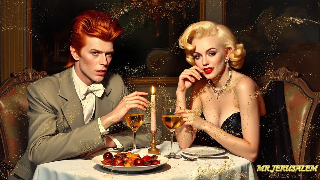 David Bowie - Dinner With Marilyn Monroe-D1, Limited Edition of 50 Pieces, Signed & Numbered: Please note the images you see here for the artworks is protected with artist name in gold & gold glitter watermark. The original artworks will be unique and one-of-a-kind, hand painted with glue