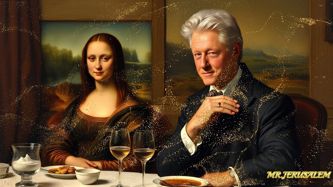 Bill Clinton - Dinner With Mona Lisa- D1, Limited Edition of 50 Pieces, Signed & Numbered: Please note the images you see here for the artworks is protected with artist name in gold & gold glitter watermark. The original artworks will be unique and one-of-a-kind, hand painted with glue