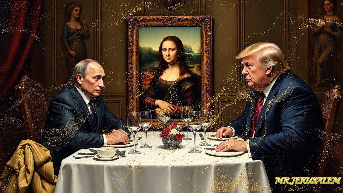 Donald Trump Dinner With Vladimir Putin & Marilyn Monroe-D2, Limited Edition of 50 Pieces: Please note the images you see here for the artworks is protected with artist name in gold & gold glitter watermark. The original artworks will be unique and one-of-a-kind, hand painted with glue