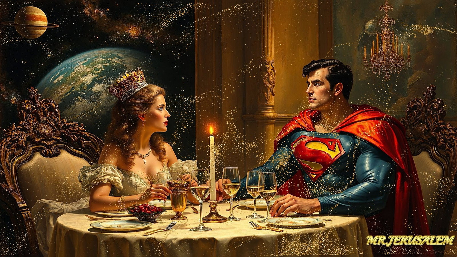 Queen Of Gold Dinner With Superman, Canvas Mixed Media, Limited Edition of 50 Pieces: Please note the images you see here for the artworks is protected with artist name in gold & gold glitter watermark. The original artworks will be unique and one-of-a-kind, hand painted with glue