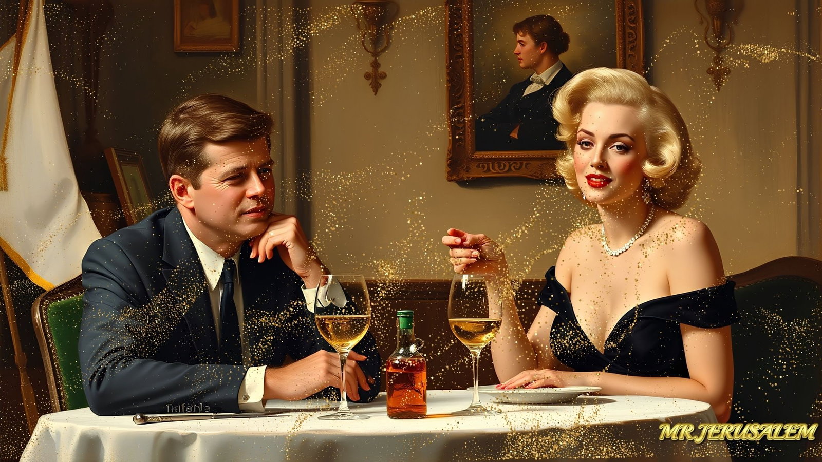 John F. Kennedy - Dinner With Marilyn Monroe-D1, Limited Edition of 50 Pieces, Signed & Numbered: Please note the images you see here for the artworks is protected with artist name in gold & gold glitter watermark. The original artworks will be unique and one-of-a-kind, hand painted with glue