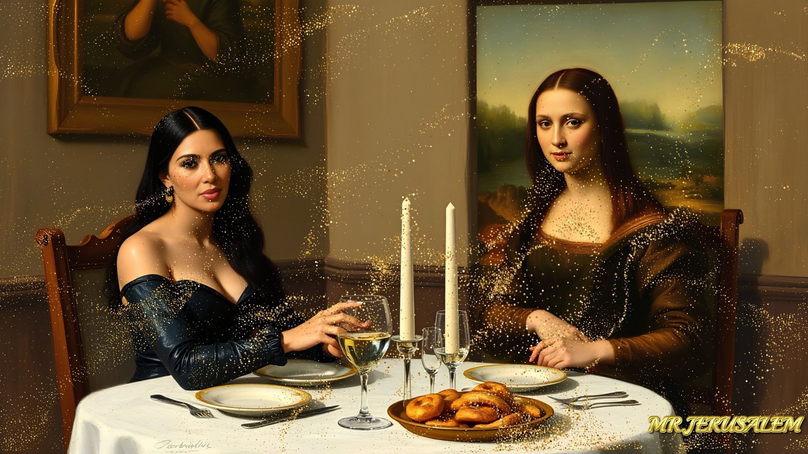 Kim Kardashian - Dinner With Mona Lisa-D1, Limited Edition of 50 Pieces, Signed & Numbered: Please note the images you see here for the artworks is protected with artist name in gold & gold glitter watermark. The original artworks will be unique and one-of-a-kind, hand painted with glue