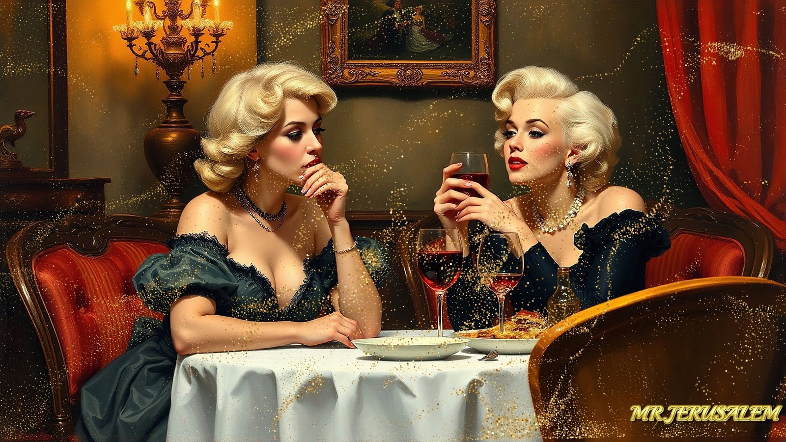 Madonna - Dinner With Marilyn Monroe-D2, Limited Edition of 50 Pieces, Signed & Numbered: Please note the images you see here for the artworks is protected with artist name in gold & gold glitter watermark. The original artworks will be unique and one-of-a-kind, hand painted with glue