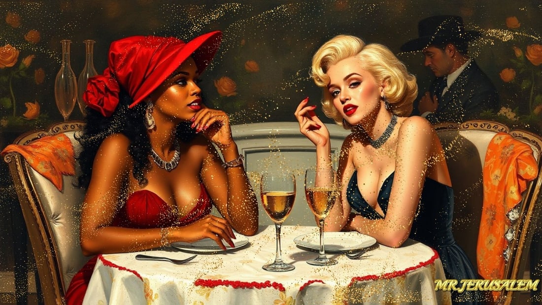 Rihanna - Dinner With Marliyn Monroe-D1, Limited Edition of 50 Pieces, Signed & Numbered: Please note the images you see here for the artworks is protected with artist name in gold & gold glitter watermark. The original artworks will be unique and one-of-a-kind, hand painted with glue
