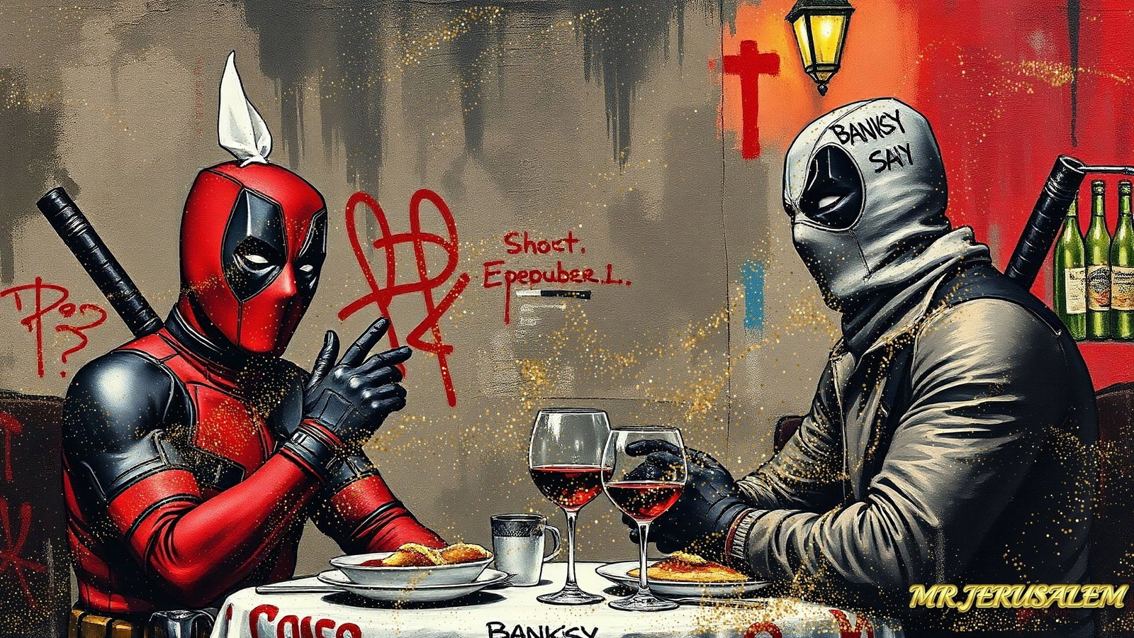 Banksy Dinner With Deadpool-D2, Canvas Mixed Media, Limited Edition of 50 Pieces: Please note the images you see here for the artworks is protected with artist name in gold & gold glitter watermark. The original artworks will be unique and one-of-a-kind, hand painted with glue