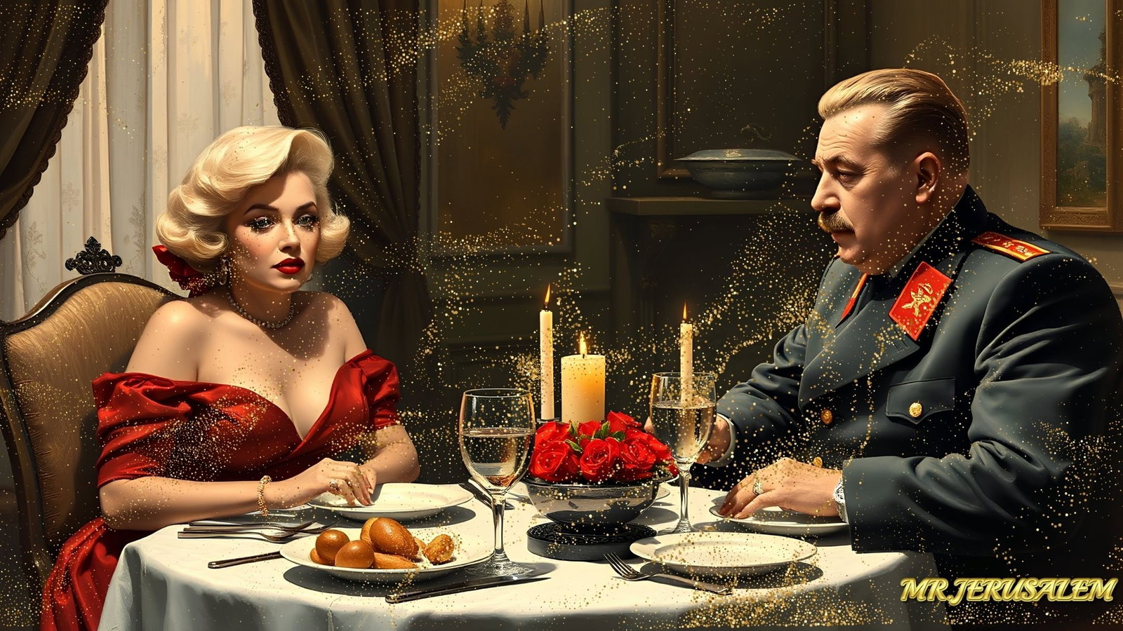 Joseph Stalin - Dinner With Marilyn Monroe-D1, Limited Edition of 50 Pieces, Signed & Numbered: Please note the images you see here for the artworks is protected with artist name in gold & gold glitter watermark. The original artworks will be unique and one-of-a-kind, hand painted with glue 
