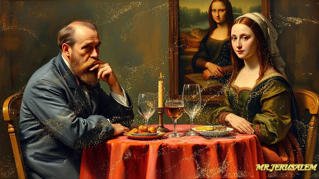 Edgar Degas - Dinner With Mona Lisa-D1, Limited Edition of 50 Pieces, Signed & Numbered: Please note the images you see here for the artworks is protected with artist name in gold & gold glitter watermark. The original artworks will be unique and one-of-a-kind, hand painted with glue