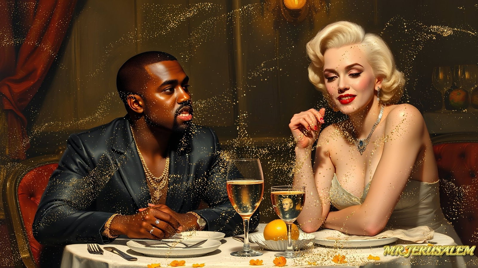 Kanye West Ye - Dinner With Marilyn Monroe-D1, Limited Edition of 50 Pieces, Signed & Numbered: Please note the images you see here for the artworks is protected with artist name in gold & gold glitter watermark. The original artworks will be unique and one-of-a-kind, hand painted with glue 