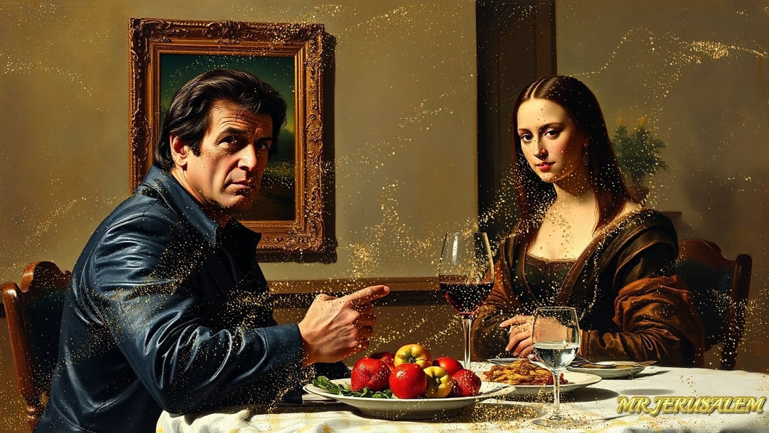 Sylvester Stallone - Dinner With Mona Lisa-D1, Limited Edition of 50 Pieces, Signed & Numbered: Please note the images you see here for the artworks is protected with artist name in gold & gold glitter watermark. The original artworks will be unique and one-of-a-kind, hand painted with glue 