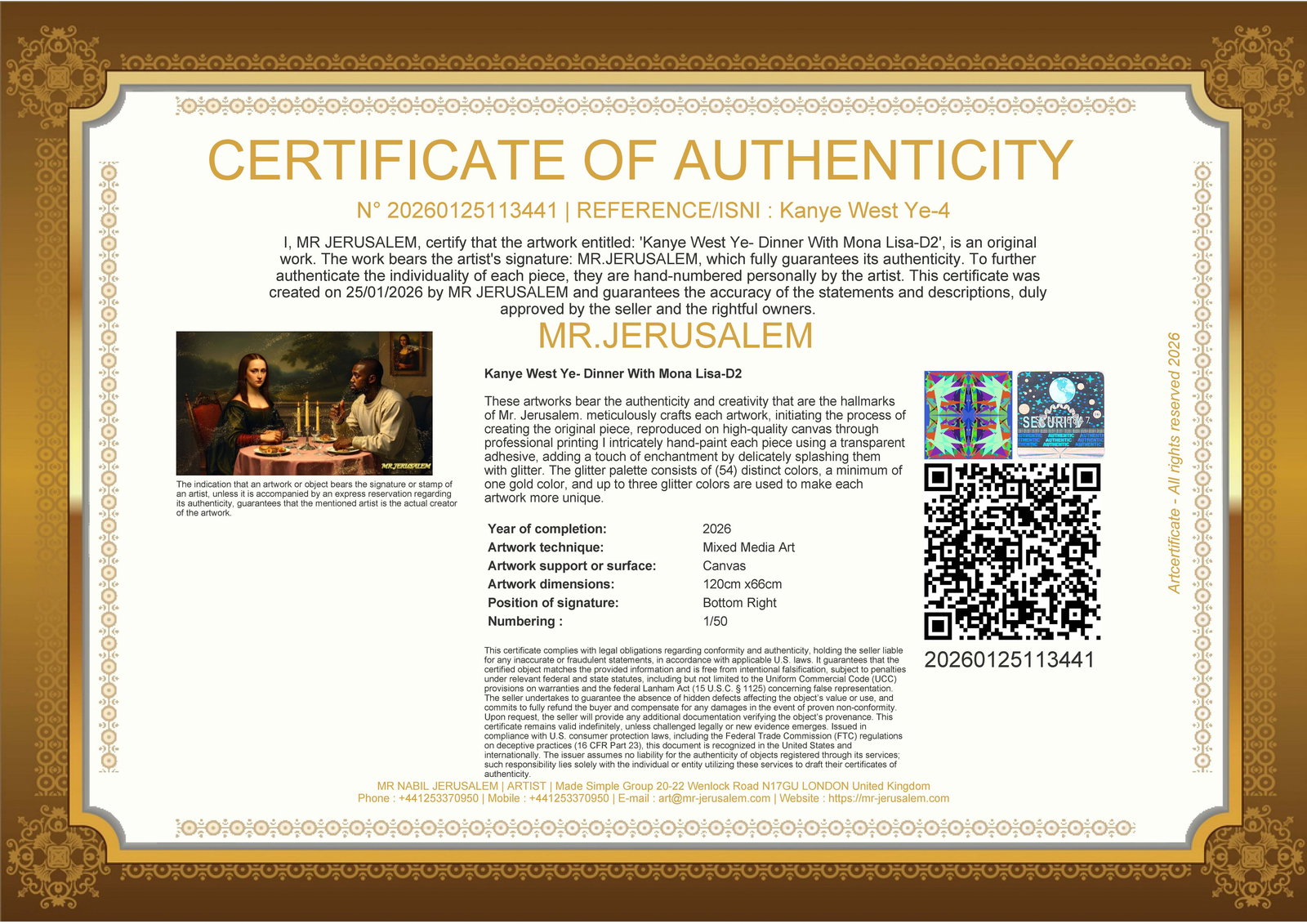 Kanye West Ye - Dinner With Mona Lisa-D2, Limited Edition of 50 Pieces, Signed & Numbered - 3