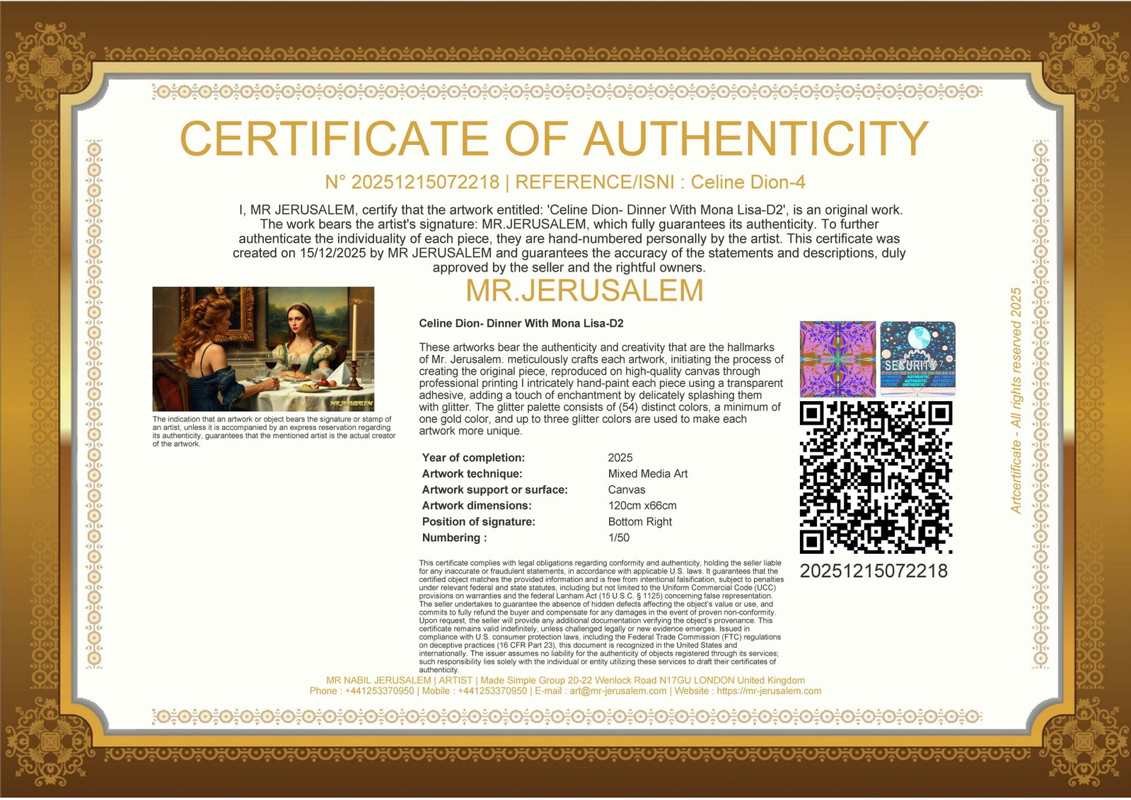 Celine Dion - Dinner With Mona Lisa-D2, Limited Edition of 50 Pieces, Signed & Numbered - 3