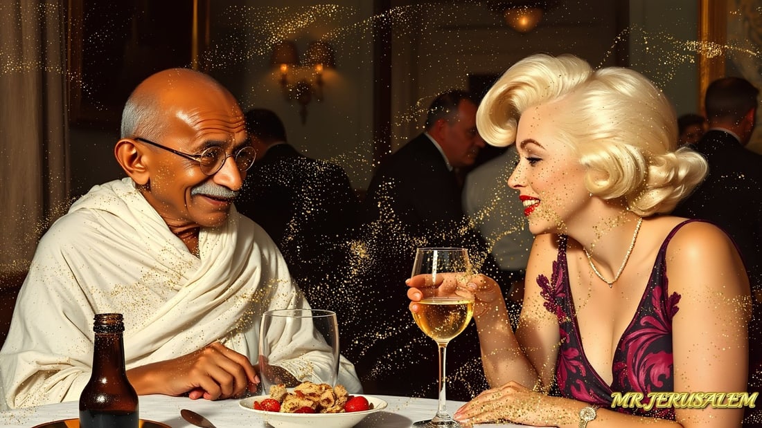 Gandhi - Dinner With Marilyn Monroe-D2, Limited Edition of 50 Pieces, Signed & Numbered: Please note the images you see here for the artworks is protected with artist name in gold & gold glitter watermark. The original artworks will be unique and one-of-a-kind, hand painted with glue