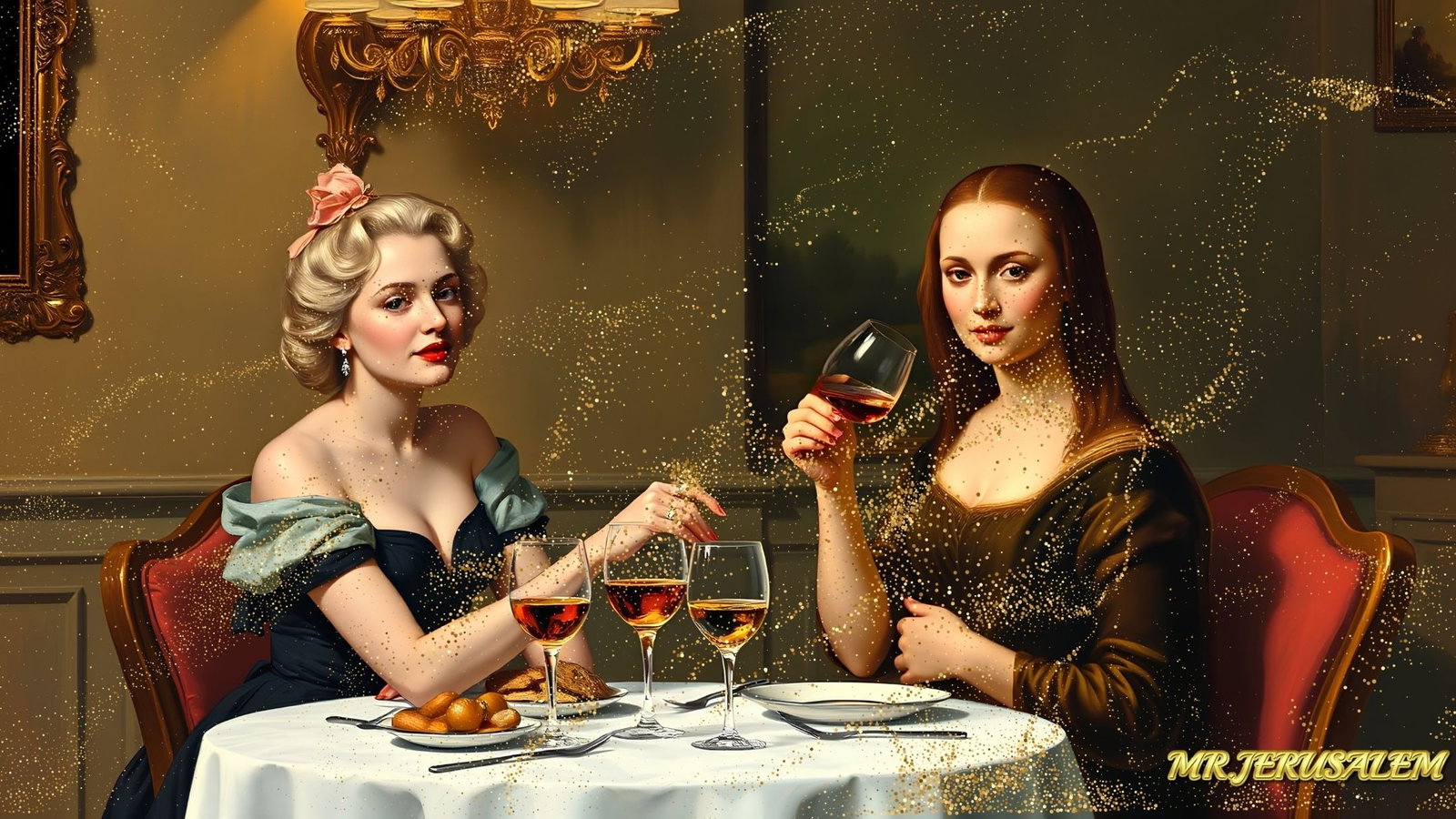 Marilyn Monroe - Dinner With Mona Lisa-D2, Limited Edition of 50 Pieces, Signed & Numbered: Please note the images you see here for the artworks is protected with artist name in gold & gold glitter watermark. The original artworks will be unique and one-of-a-kind, hand painted with glue