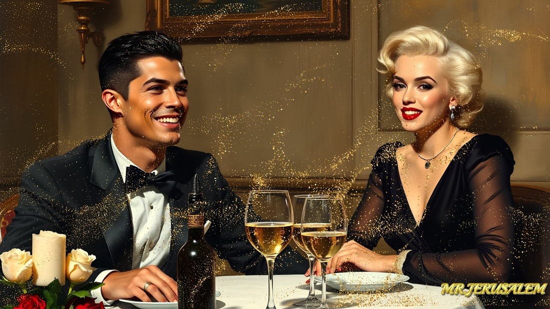 Cristiano Ronaldo - Dinner With Marilyn Monroe-D2, Limited Edition of 50 Pieces, Signed & Numbered: Please note the images you see here for the artworks is protected with artist name in gold & gold glitter watermark. The original artworks will be unique and one-of-a-kind, hand painted with glue