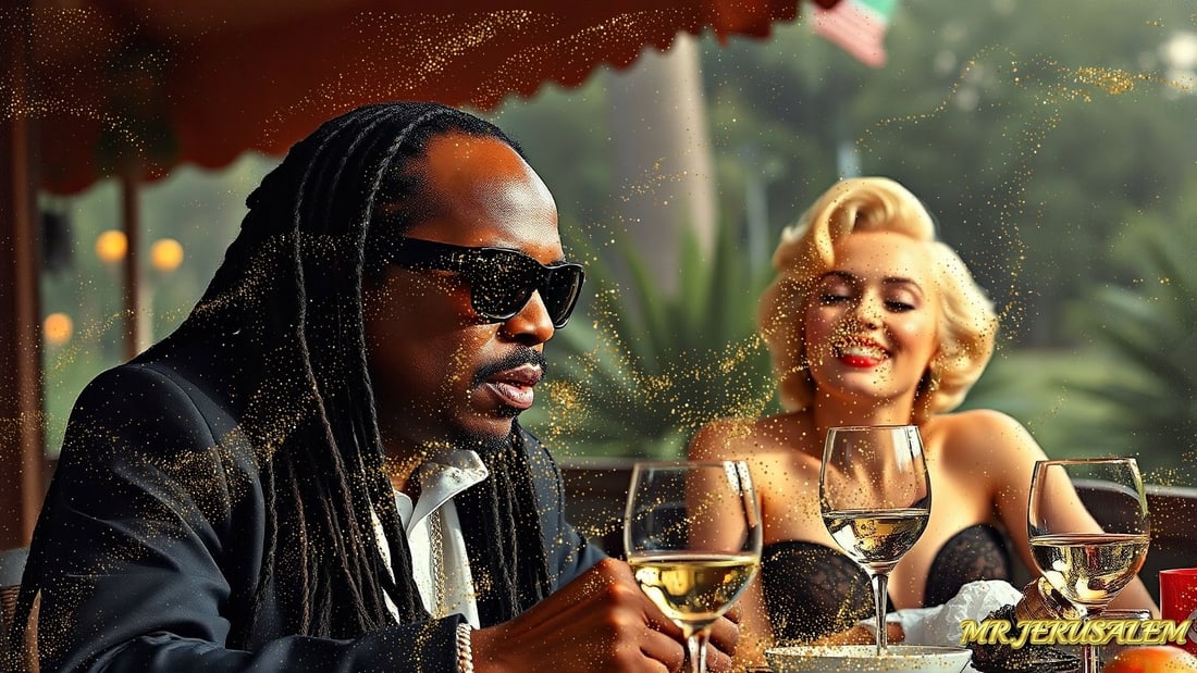 Stevie Wonder - Dinner With Marliyn Monroe-D2, Limited Edition of 50 Pieces, Signed & Numbered: Please note the images you see here for the artworks is protected with artist name in gold & gold glitter watermark. The original artworks will be unique and one-of-a-kind, hand painted with glue