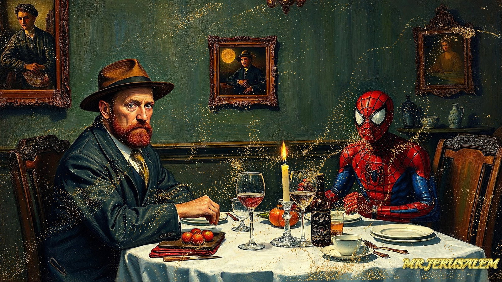 Vincent Van Gogh Dinner With Spiderman, Canvas Mixed Media, Limited Edition of 50 Pieces: Please note the images you see here for the artworks is protected with artist name in gold & gold glitter watermark. The original artworks will be unique and one-of-a-kind, hand painted with glue
