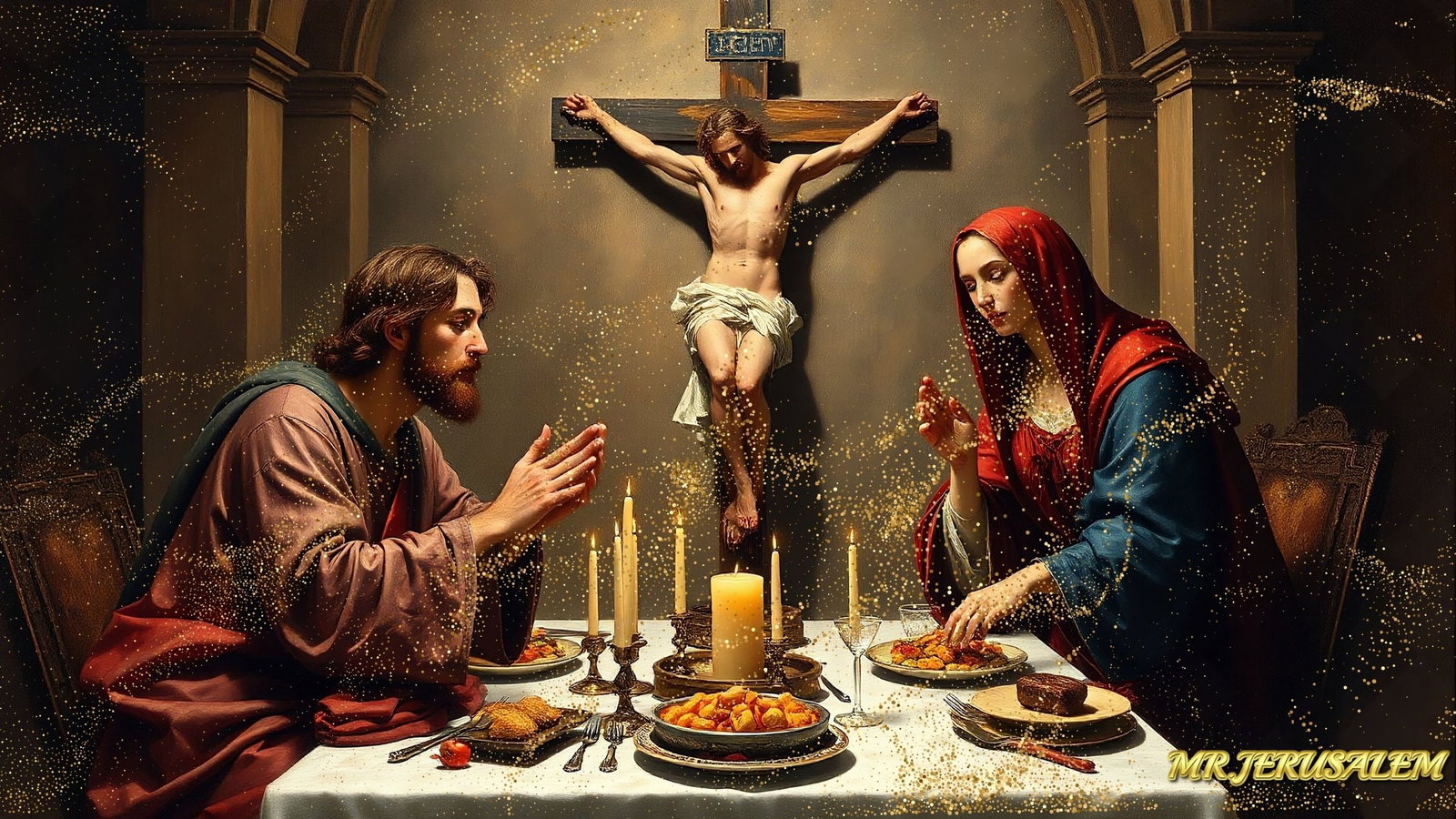 Jesus Christ Dinner With Saint Marry-D2, Limited Edition of 50 Pieces: Please note the images you see here for the artworks is protected with artist name in gold & gold glitter watermark. The original artworks will be unique and one-of-a-kind, hand painted with glue