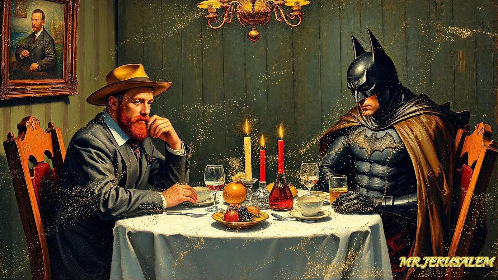 Vincent Van Gogh Dinner With Batman, Canvas Mixed Media, Limited Edition of 50 Pieces: Please note the images you see here for the artworks is protected with artist name in gold & gold glitter watermark. The original artworks will be unique and one-of-a-kind, hand painted with glue