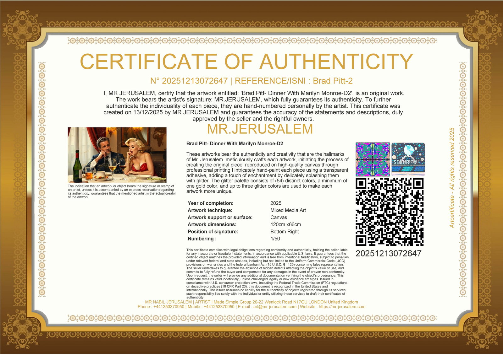 Brad Pitt - Dinner With Marilyn Monroe-D2, Limited Edition of 50 Pieces, Signed & Numbered - 3