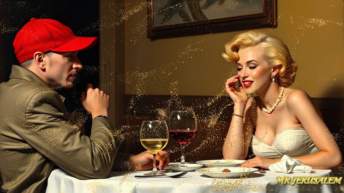 Eminem - Dinner With Marilyn Monroe-D2, Limited Edition of 50 Pieces, Signed & Numbered: Please note the images you see here for the artworks is protected with artist name in gold & gold glitter watermark. The original artworks will be unique and one-of-a-kind, hand painted with glue