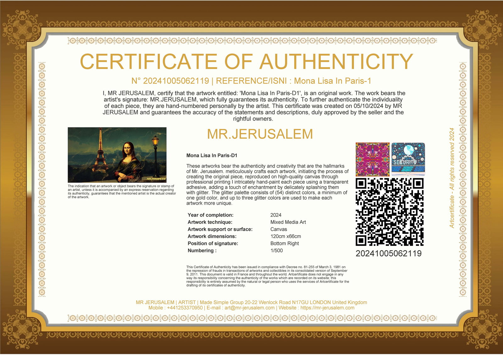 Mona Lisa In Paris-D1, Mixed Media, Limited Edition of 50 Pieces, Signed & Numbered, - 3