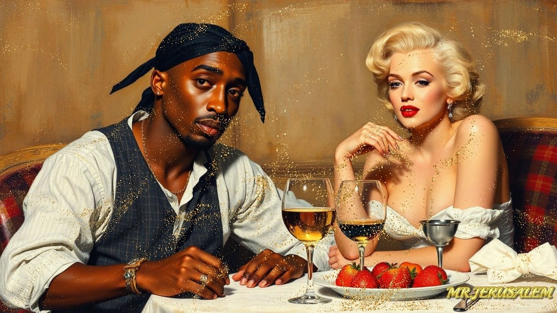 Tupac - Dinner With Marliyn Monroe-D1, Limited Edition of 50 Pieces, Signed & Numbered: Please note the images you see here for the artworks is protected with artist name in gold & gold glitter watermark. The original artworks will be unique and one-of-a-kind, hand painted with glue