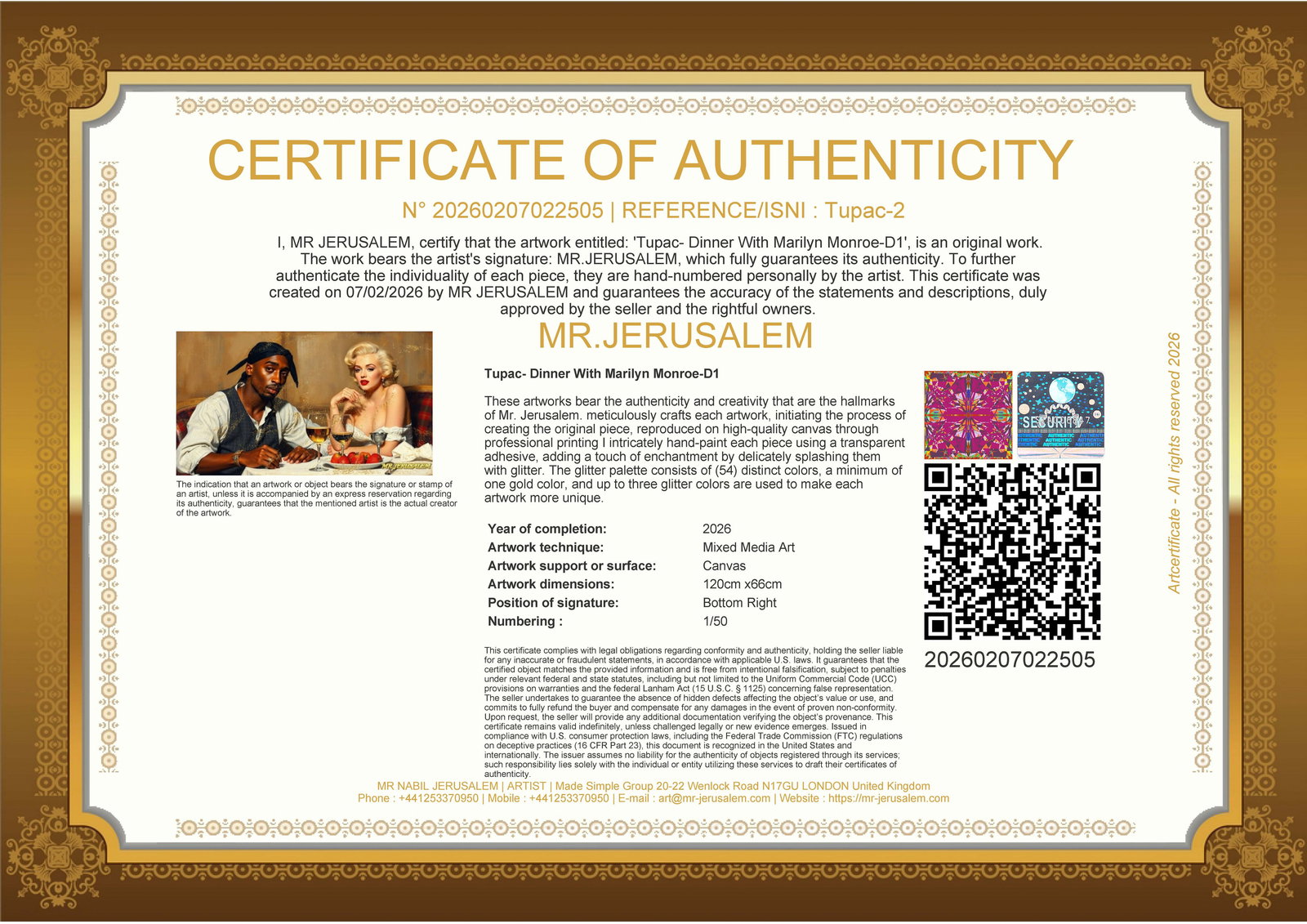 Tupac - Dinner With Marliyn Monroe-D1, Limited Edition of 50 Pieces, Signed & Numbered - 3