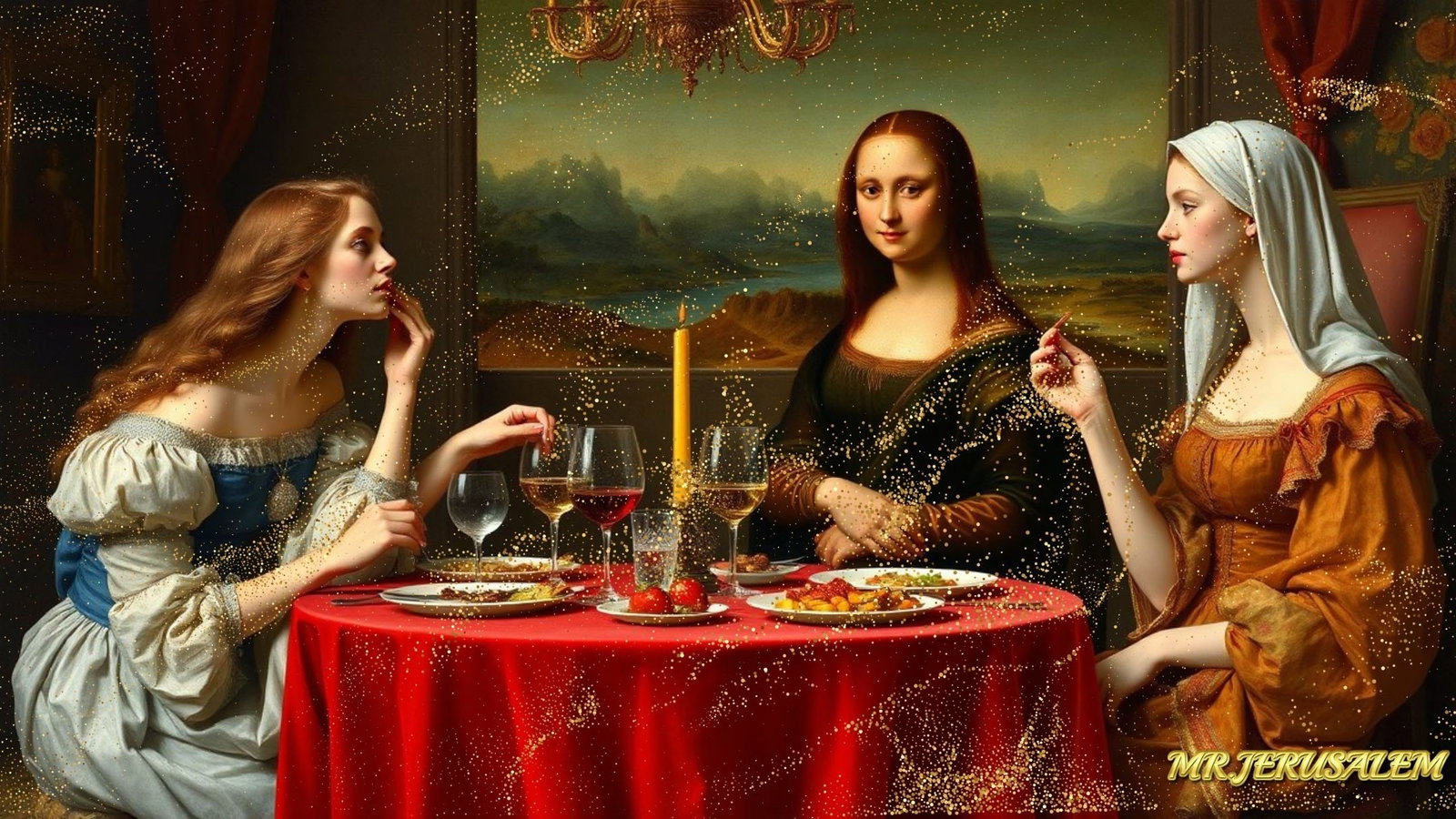 Primavera Botticelli - Dinner With Mona Lisa-D1, Limited Edition of 50 Pieces, Signed & Numbered: Please note the images you see here for the artworks is protected with artist name in gold & gold glitter watermark. The original artworks will be unique and one-of-a-kind, hand painted with glue