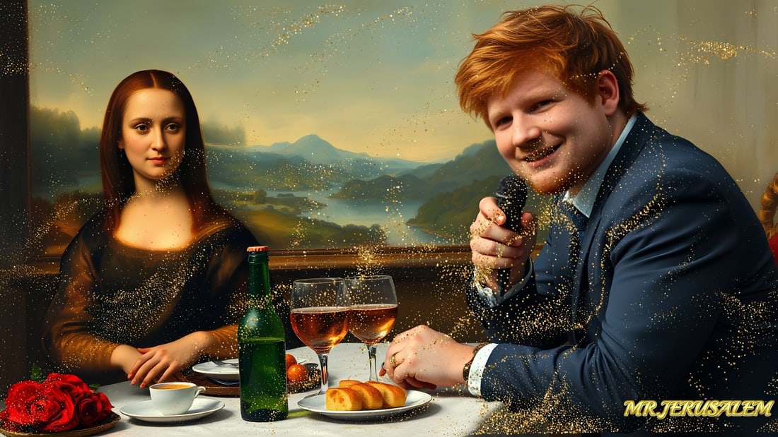Ed Sheeran - Dinner With Mona Lisa-D1, Limited Edition of 50 Pieces, Signed & Numbered: Please note the images you see here for the artworks is protected with artist name in gold & gold glitter watermark. The original artworks will be unique and one-of-a-kind, hand painted with glue