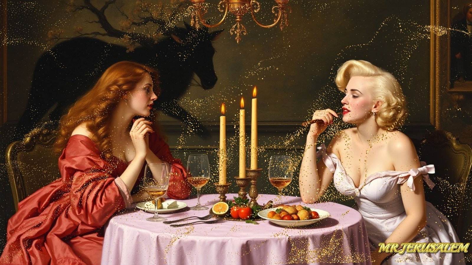 Primavera Botticelli - Dinner With Marilyn Monroe-D1, Limited Edition of 50 Pieces, Signed & Number: Please note the images you see here for the artworks is protected with artist name in gold & gold glitter watermark. The original artworks will be unique and one-of-a-kind, hand painted with glue