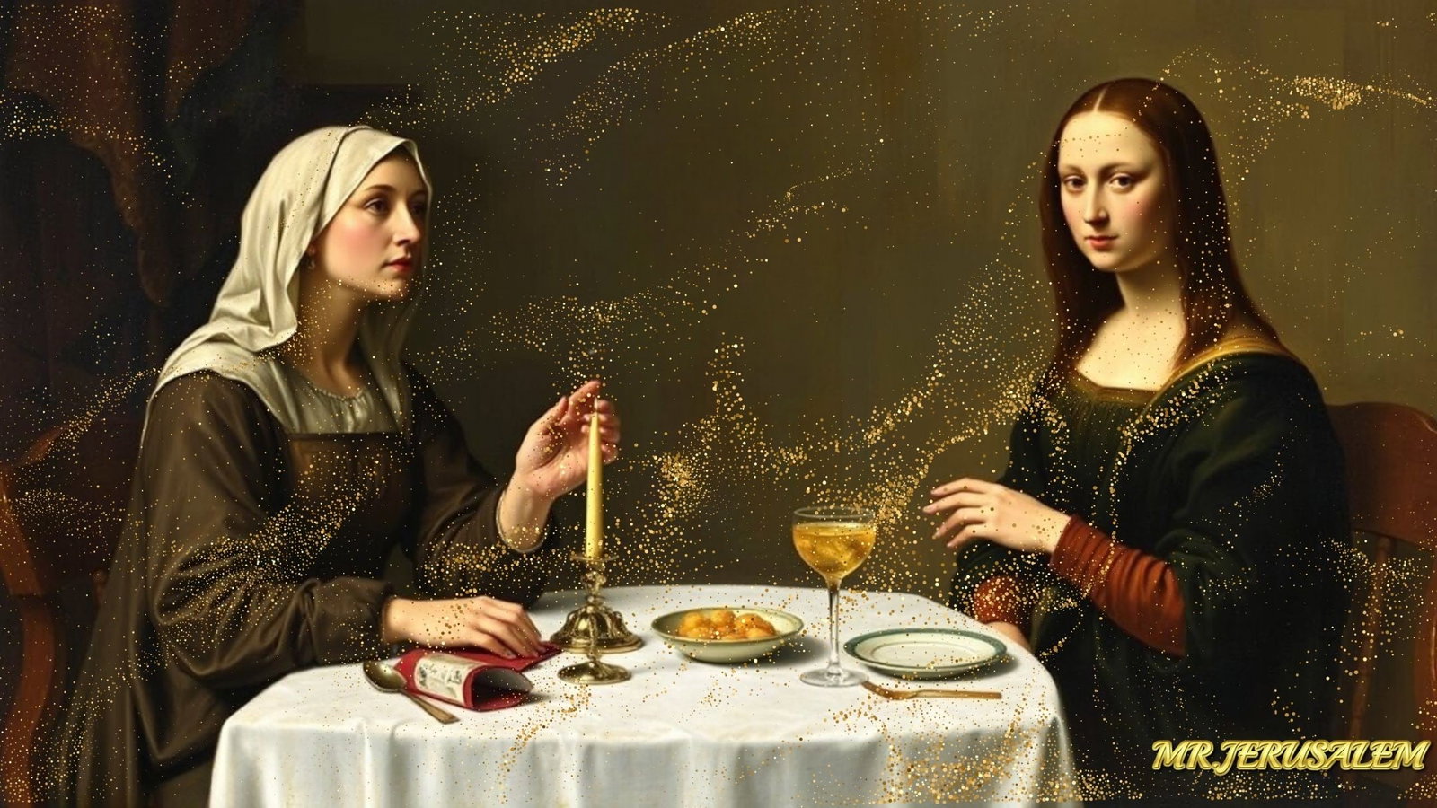 Mary Magdalene - Dinner With Mona Lisa-D1, Limited Edition of 50 Pieces, Signed & Numbered: Please note the images you see here for the artworks is protected with artist name in gold & gold glitter watermark. The original artworks will be unique and one-of-a-kind, hand painted with glue