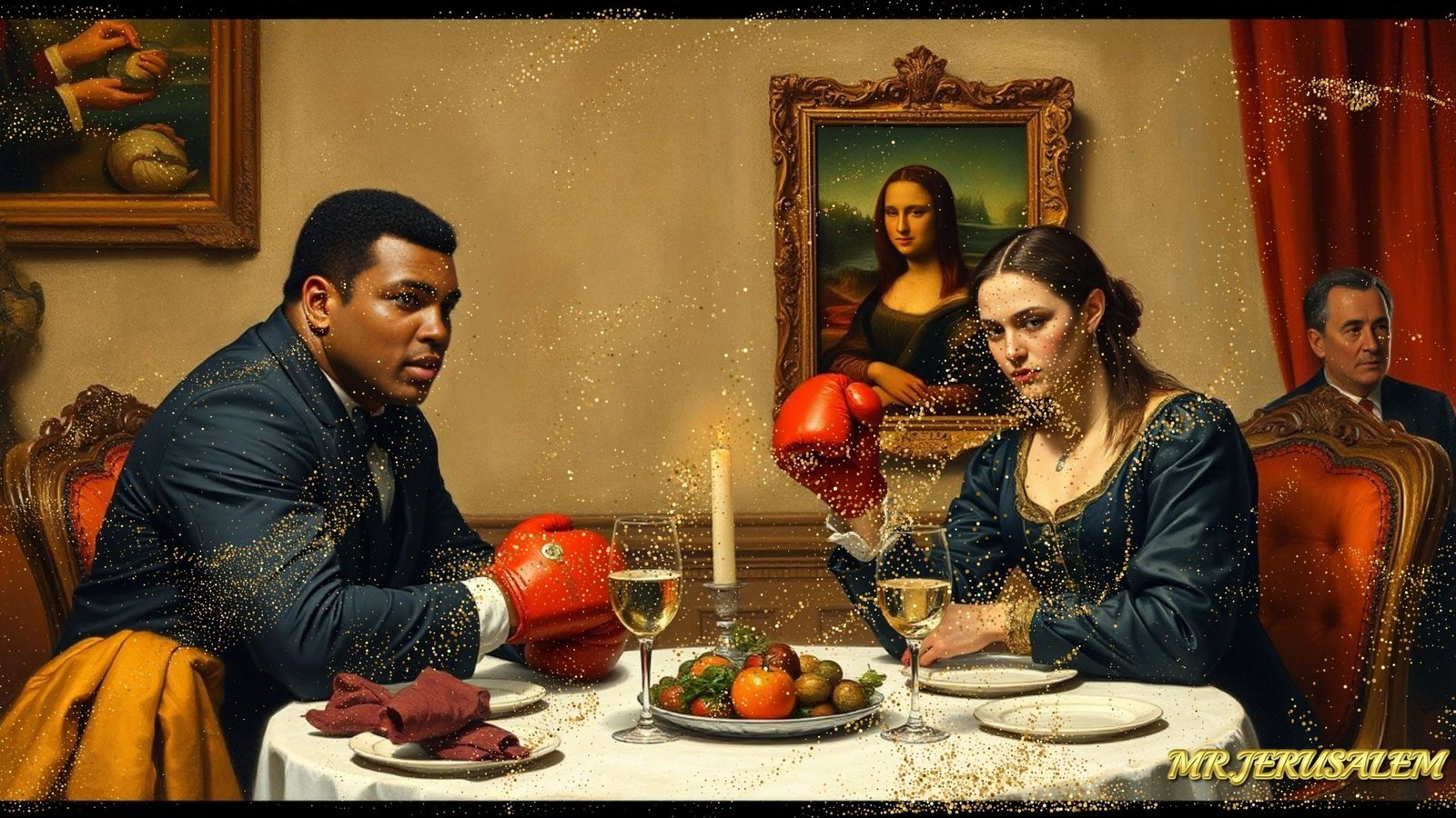 Muhammad Ali - Dinner With Mona Lisa-D2, Limited Edition of 50 Pieces, Signed & Numbered: Please note the images you see here for the artworks is protected with artist name in gold & gold glitter watermark. The original artworks will be unique and one-of-a-kind, hand painted with glue