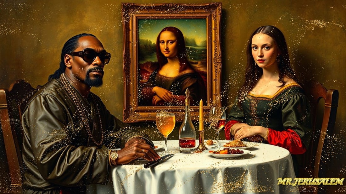 Snoop Dogg - Dinner With Mona Lisa-D1, Limited Edition of 50 Pieces, Signed & Numbered: Please note the images you see here for the artworks is protected with artist name in gold & gold glitter watermark. The original artworks will be unique and one-of-a-kind, hand painted with glue