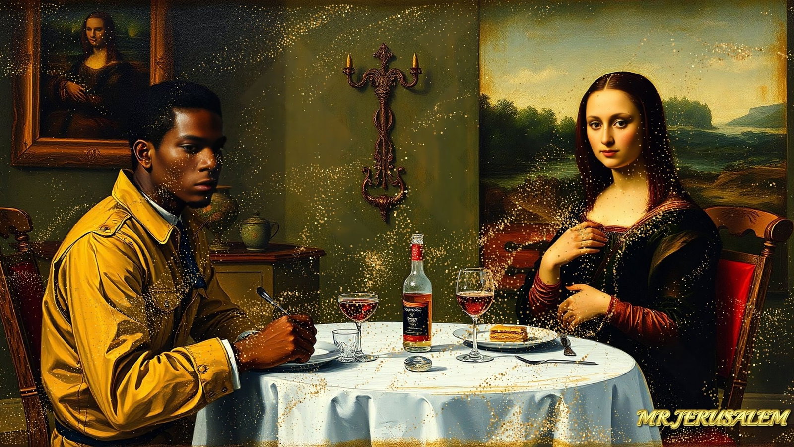 Jean Michel Basquiat - Dinner With Mona Lisa-D1, Limited Edition of 50 Pieces Signed & Numbered: Please note the images you see here for the artworks is protected with artist name in gold & gold glitter watermark. The original artworks will be unique and one-of-a-kind, hand painted with glue 