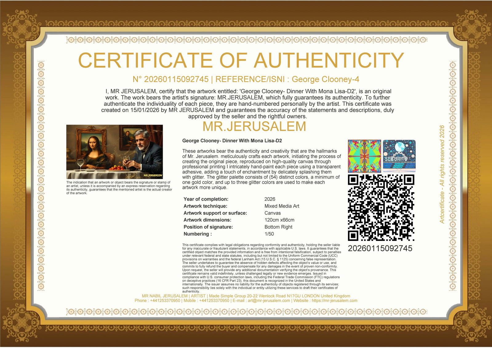 George Clooney - Dinner With Mona Lisa-D2, Limited Edition of 50 Pieces, Signed & Numbered - 3
