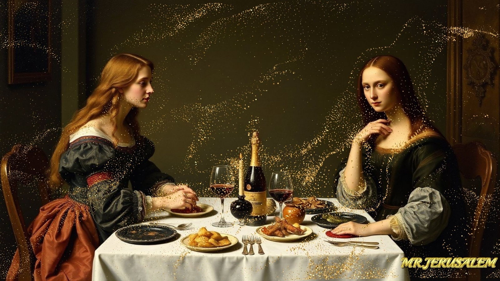 Primavera Botticelli - Dinner With Mona Lisa-D2, Limited Edition of 50 Pieces, Signed & Numbered: Please note the images you see here for the artworks is protected with artist name in gold & gold glitter watermark. The original artworks will be unique and one-of-a-kind, hand painted with glue