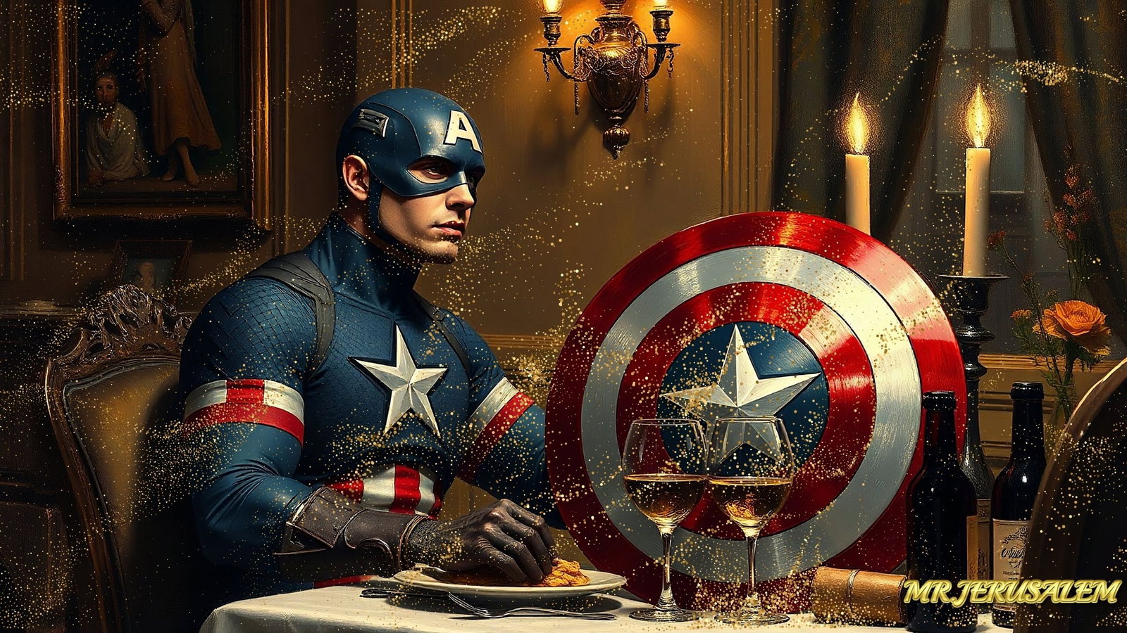 Captain America Dinner Alone-D1, Canvas Mixed Media, Limited Edition of 50 Pieces: Please note the images you see here for the artworks is protected with artist name in gold & gold glitter watermark. The original artworks will be unique and one-of-a-kind, hand painted with glue