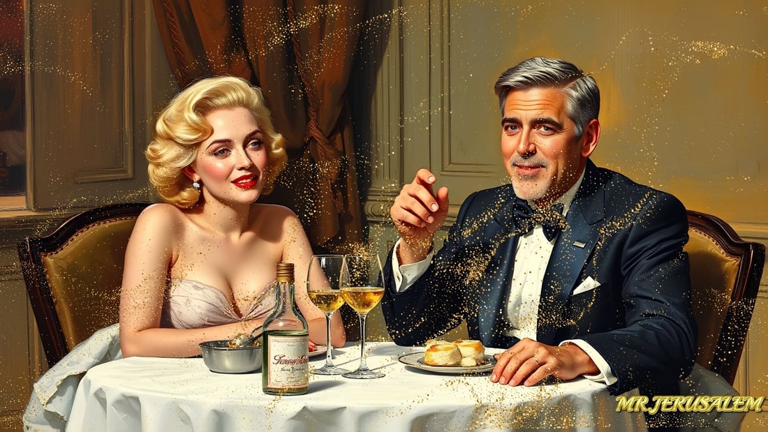 George Clooney - Dinner With Marilyn Monroe-D1, Limited Edition of 50 Pieces, Signed & Numbered: Please note the images you see here for the artworks is protected with artist name in gold & gold glitter watermark. The original artworks will be unique and one-of-a-kind, hand painted with glue