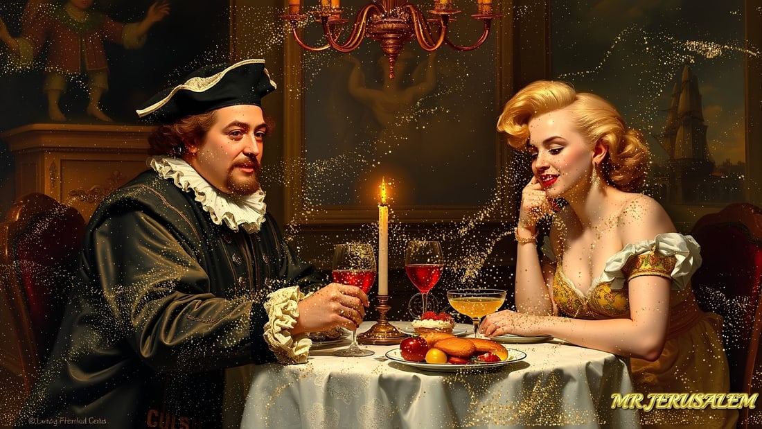 Christopher Columbus - Dinner With Marilyn Monroe-D1, Limited Edition of 50 Pieces, Signed & Number: Please note the images you see here for the artworks is protected with artist name in gold & gold glitter watermark. The original artworks will be unique and one-of-a-kind, hand painted with glue