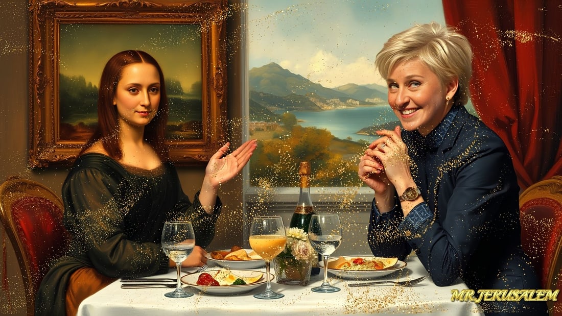 Ellen Degeneres - Dinner With Mona Lisa-D1, Limited Edition of 50 Pieces, Signed & Numbered: Please note the images you see here for the artworks is protected with artist name in gold & gold glitter watermark. The original artworks will be unique and one-of-a-kind, hand painted with glue