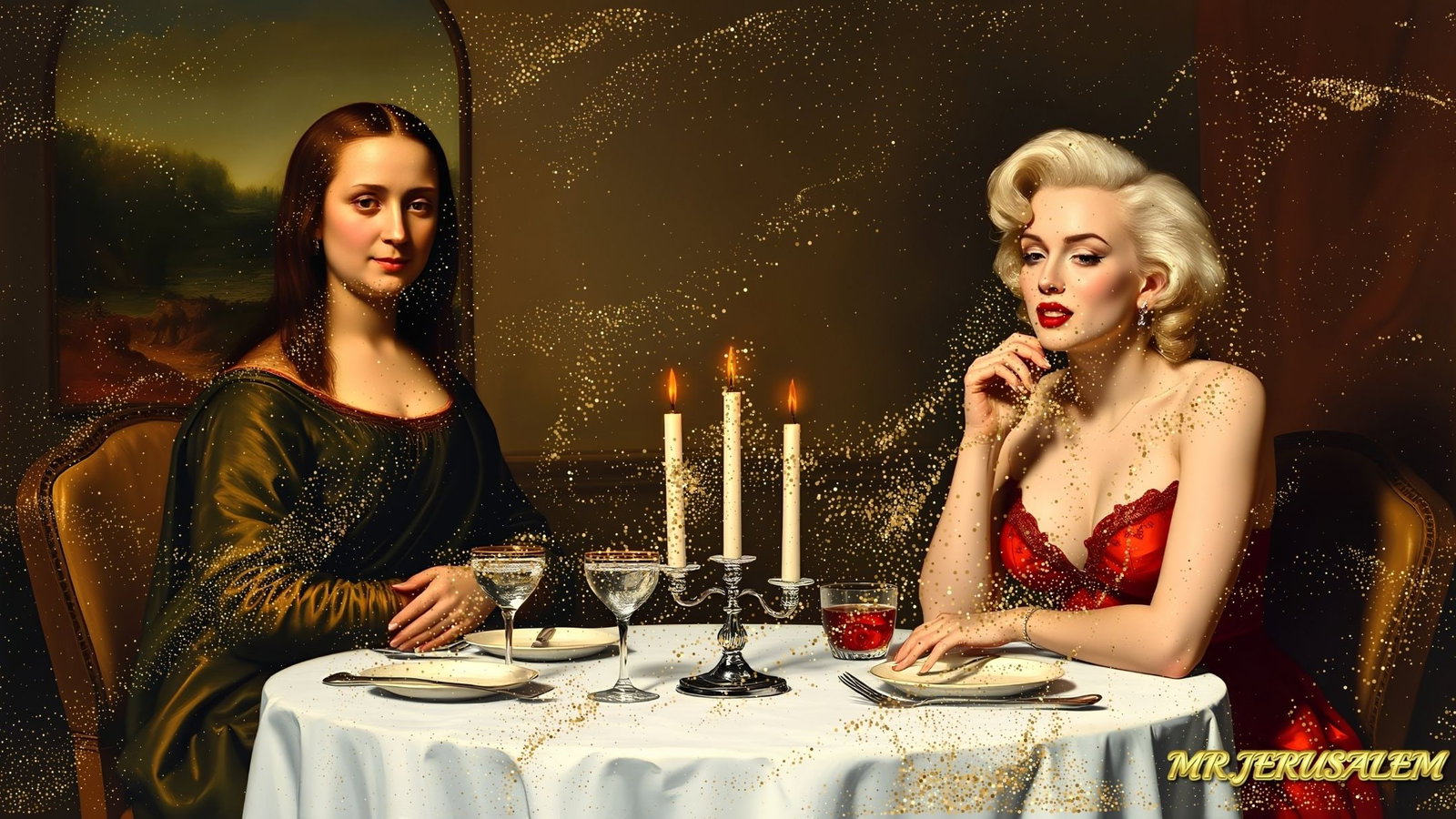 Mona Lisa - Dinner With Marilyn Monroe-D1, Limited Edition of 50 Pieces, Signed & Numbered: Please note the images you see here for the artworks is protected with artist name in gold & gold glitter watermark. The original artworks will be unique and one-of-a-kind, hand painted with glue